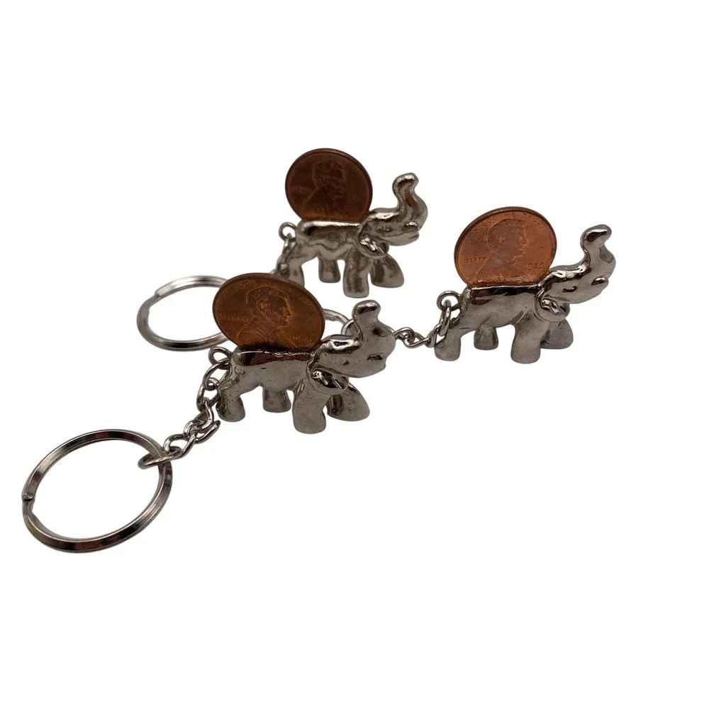 Set of 3 Vintage Silver Tone Good Luck Elephant Keychains Lucky Penny Holder